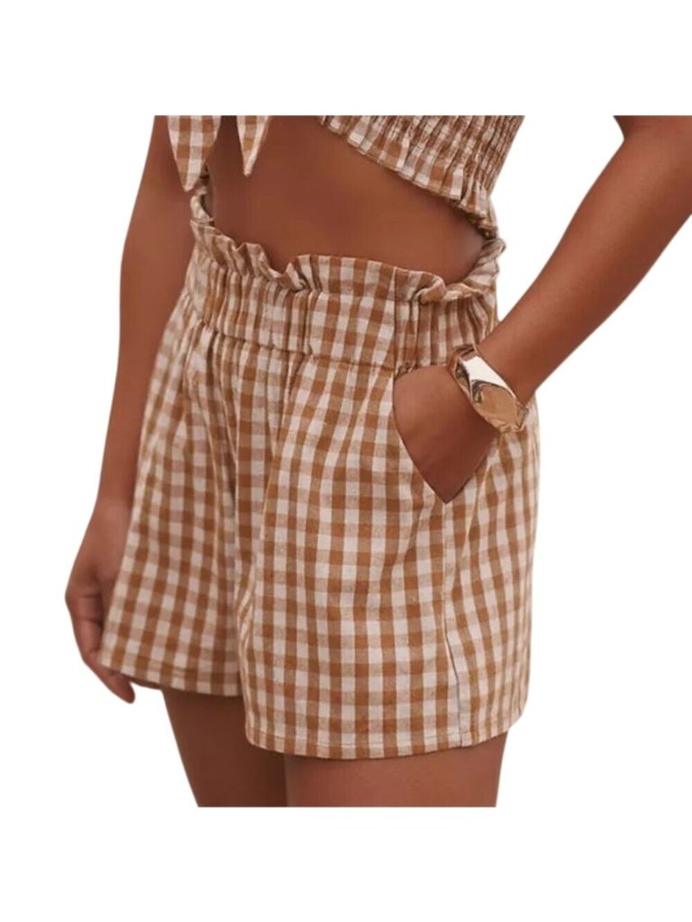 Mable Shorts Small Gingham Pull On Elastic Waist Tan White Picnic Cottagecore